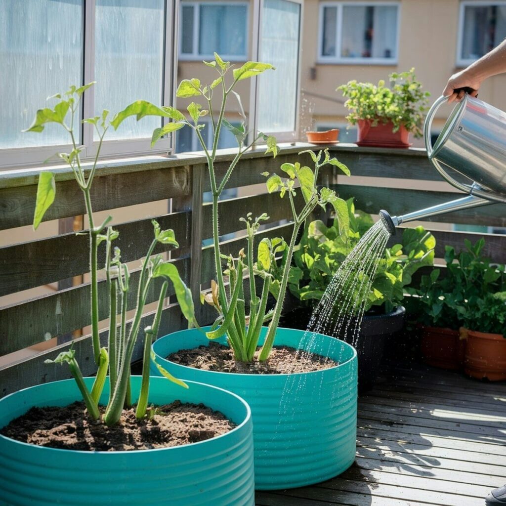 Someone waters plants in pots on a balcony